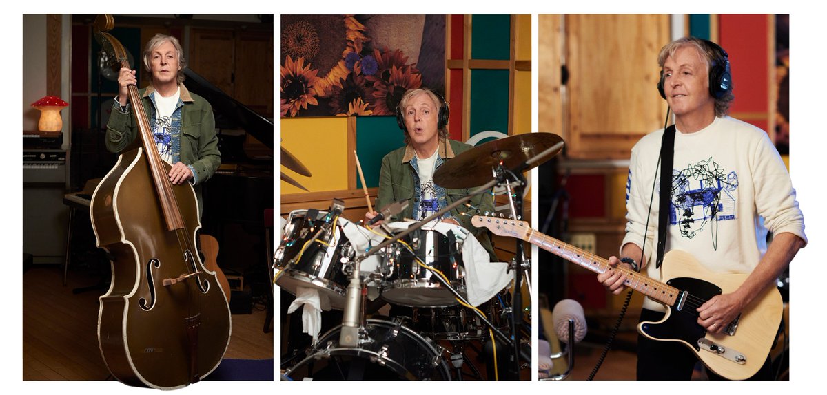 PaulMcCartney's tweet photo. Made in "Rockdown", #McCartneyIII features an array of vintage instruments, including Bill Black's upright bass, a 5 piece Ludwig drum kit and a 1954 Fender Telecaster 🎸

📷 Photography by Mary McCartney

Pre-order #McCartneyIII here: https://t.co/8UPtDfPijp 🎲 https://t.co/LC497OxGMF