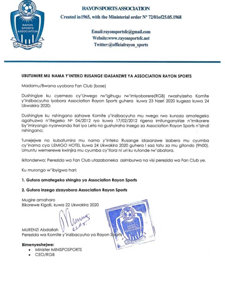 thechoice_live's tweet photo. Perezida wa @rayon_sports w'inzibacyuho @AbdallahMurenzi yatumije inteko izaba kuri uyu wa6 tariki 24 kuri Lemigo igomba kuzatorerwamo komite .#TheChoiceupdate @IsiboTV https://t.co/Sx0DXpvYNx