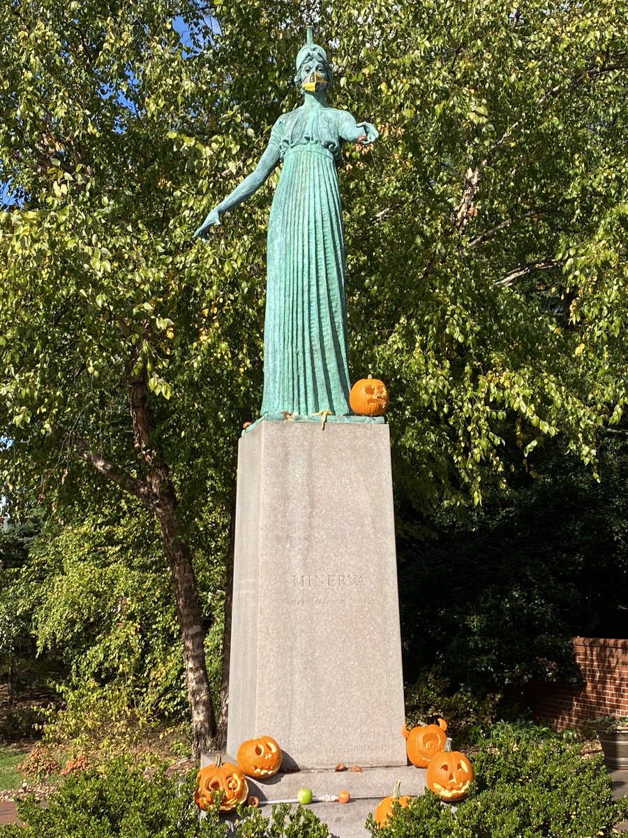 UNCGmathstats's tweet photo. Students often put apples on the Minerva statue in hopes of getting an extra boost of wisdom for an exam or project. It looks like 2020 has students upping the ante this semester with pumpkins! #UNCGWay #Minerva #uncgcampus #uncgmathstats https://t.co/z3CQlx2As6