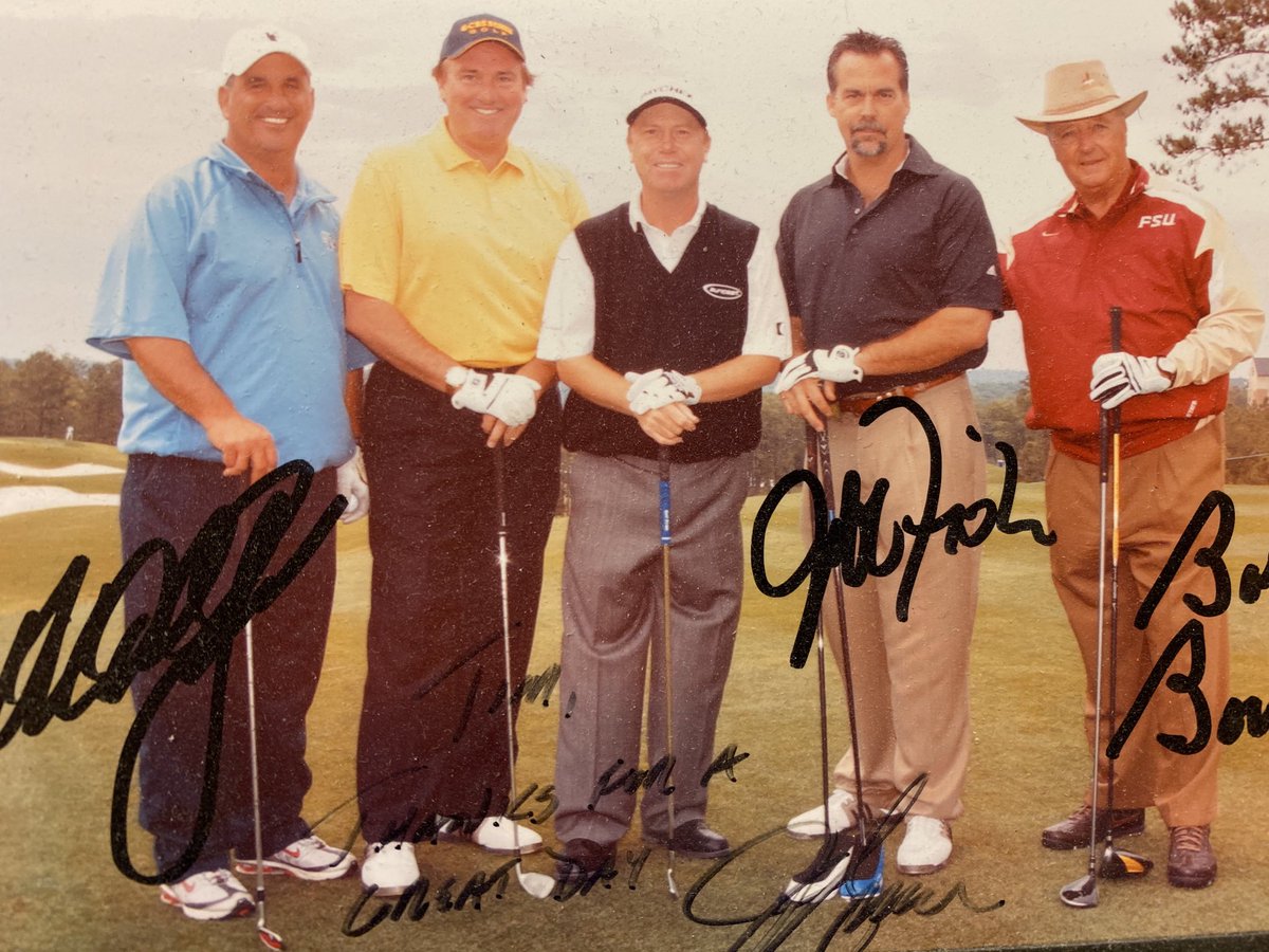 TimBrando's tweet photo. An additional Friday Froback; #Birmingham 2008 ⁦@ChampionsTour⁩ Golf with #JeffSluman and ⁦@delgreco3⁩ former ⁦@Titans⁩ ⁦@CoachJeffFisher⁩ &amp; the Legendary Bobby Bowden. Saint Bobby was my cart mate, unbelievable day. He’s home recovering at age 91’. 💜🏈🙏 https://t.co/0poqoAmRza
