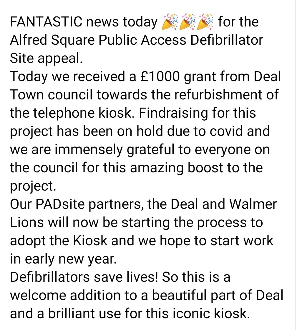 HeartStartSEC's tweet photo. Today we've had some amazing news for the Alfred Square Public Access Defibrillator appeal🎉
We're immensely grateful to @Deal_Town council for awarding us a £1000 grant for this life-saving project #HeartsafeCommunity
Working together to save lives in our Community 💓 @TheBHF https://t.co/733eZpkZTH