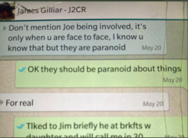 !! In text messages obtained by @FDRLST, Hunter Biden's biz partner James Gilliar admonished Tony Bobulinski on May 20, 2017: 'Don't mention Joe being involved, it's only when you are face to face[.]' And then he brings up Hunter's role in a 2020 Joe Biden presidential campaign.