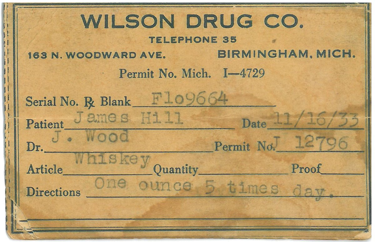 Getting alcohol during Prohibition could be tricky, unless you had a prescription for it. We aren't sure exactly why Dr Wood prescribed 1 ounce of whiskey 5 times a day for his patient, James Hill, in Nov. of 1933 but there's a number of possibilities. A thread 1/