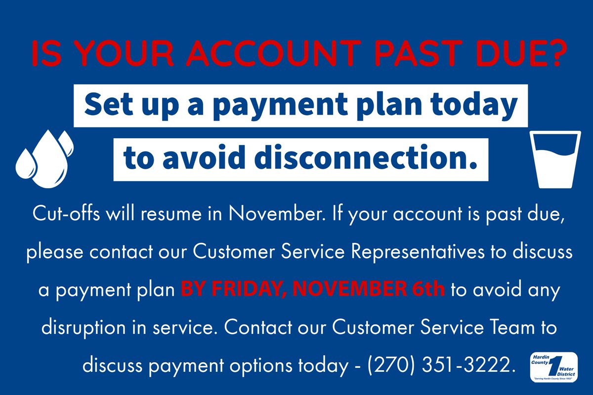 HCWD_1's tweet photo. 11/6 is 2 weeks away! Cut offs will resume after that date and we don't want any of our customers to have to go a second without water. If your account is past due, please give us a call at 270-351-3222 to discuss payment options available to you. https://t.co/KPSf3GRNTA