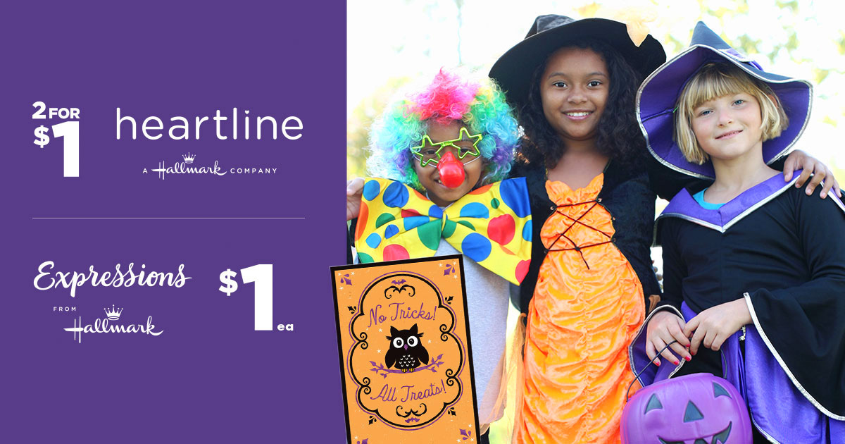 DollarTree's tweet photo. Wish your friends and family a happy Halloween with our spooky selection of 2 for $1 Heartline, a Hallmark company, and $1 Expressions from Hallmark Halloween cards — in stores now! https://t.co/MGtdxpj6Ba https://t.co/POnTXOs8Hs