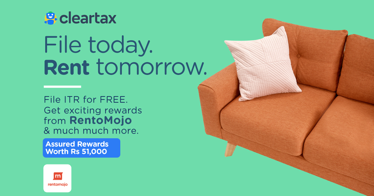 _cleartax's tweet photo. Rent some happiness!
Click on https://t.co/YwCpwaVMDE & file before 31st Oct!
Get Assured Rewards Worth Rs 51000.
Exciting rewards from RentoMojo & more are waiting for you. Hurry! File your ITR and enjoy ALL THE REWARDS!
#ITR #ITRfilingSeason #TimeToFileITR #SeasonofRewards https://t.co/DOk6eUocB9