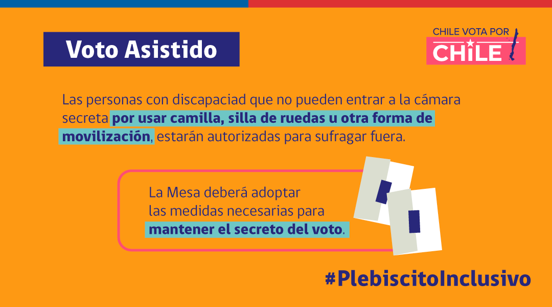 DPPCapitanPrat's tweet photo. Para tener un #PlebiscitoInclusivo las personas con discapacidad pueden emplear el Voto Asistido solicitando apoyo al presidente de mesa, en caso de no contar con alguien de su confianza. Este deberá quedar fuera de la cámara para doblar y cerrar los votos 🗳 #ChileVotaXChile https://t.co/DmThVMOt2o