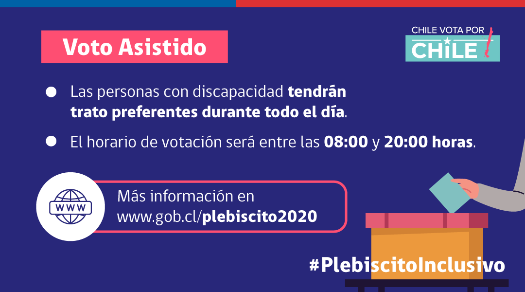 🗳 Este 25 de octubre las personas con discapacidad tendrán trato preferente durante toda la jornada del Plebiscito. Si necesitan asistencia para votar, pueden ir acompañados al local de votación #PlebiscitoInclusivo #ChileVotaXChile 
Más información acá: gob.cl/plebiscito2020/