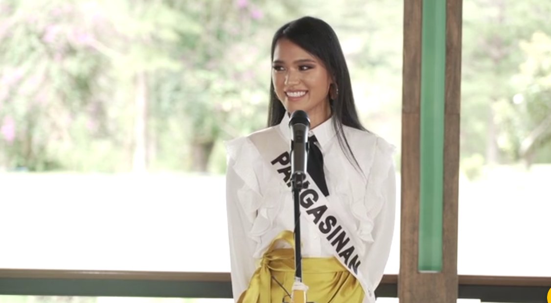 @alexavillano LOOK: For the first interview, we have Nina Soriano of Pangasinan. According to Nina, she would like to promote the products in Pangasinan if she wins the title. #MissUniversePhilippines2020 | via @alexavillano
