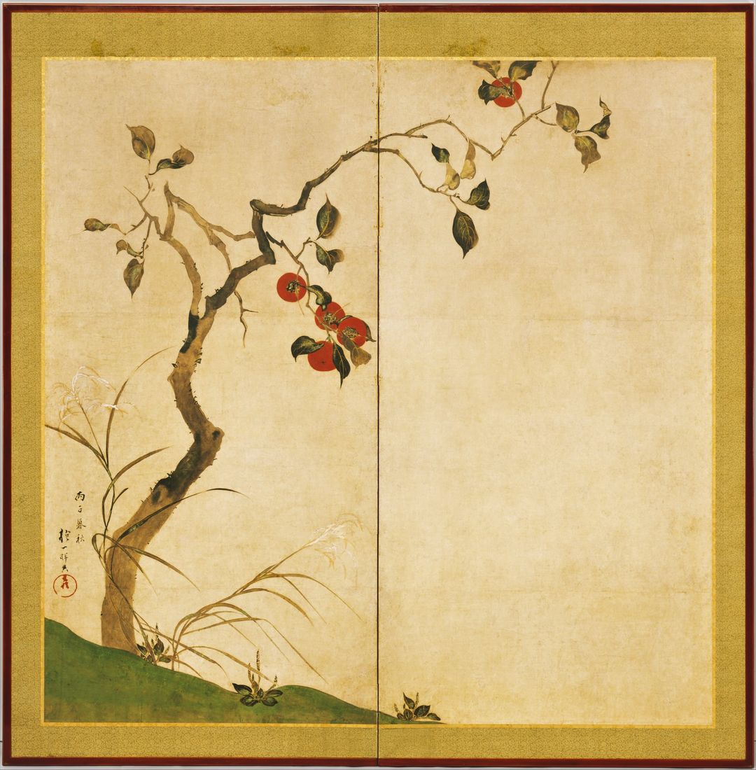 Sakai Hoitsu, "Persimmon Tree", 1816, 2 panel screen, Ink and color on paper, 64" x 64"