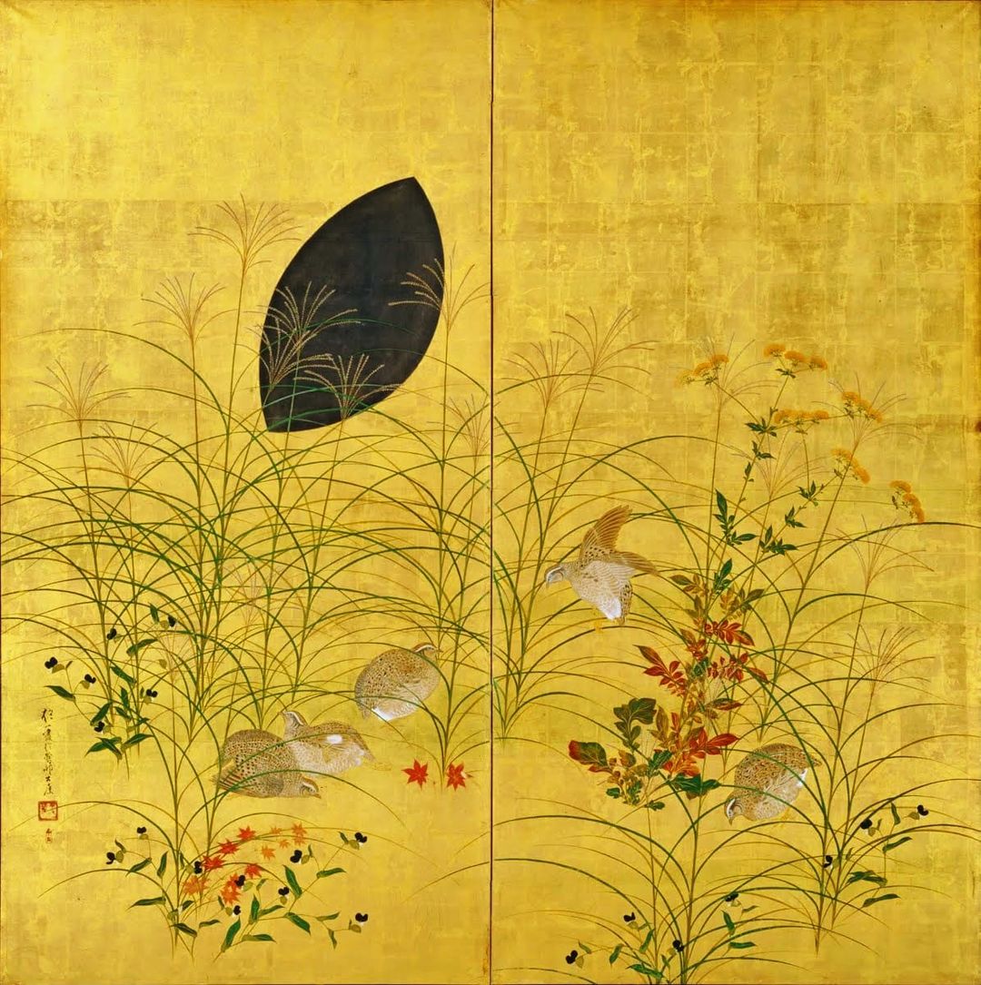 Sakai Hoitsu, "Autumn Plants and Quail", 19th Century, Ink, color, and gold leaf on paper, 2 part folding screen, 57" x 57"