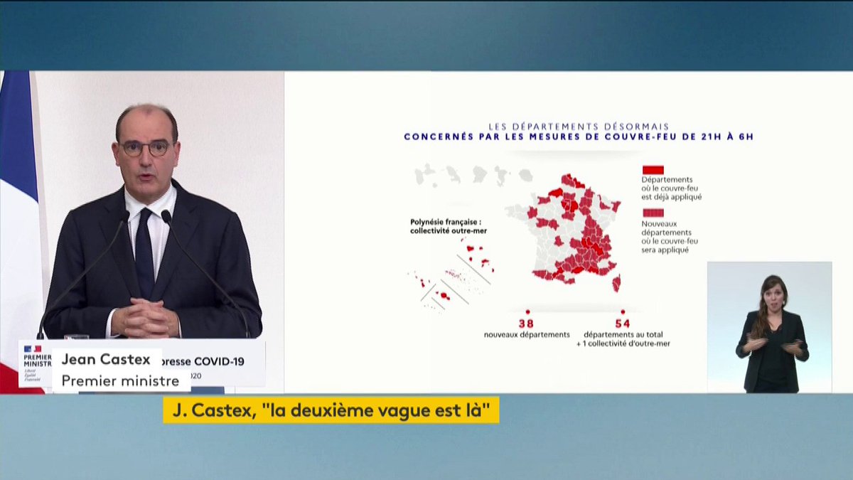 Voici la carte des départements concernés. "Au total, ce sont 54 départements qui seront soumis à couvre-feu, soit 46 millions de citoyens", précise Jean Castex. Suivez le direct  http://bit.ly/2TgK66r 