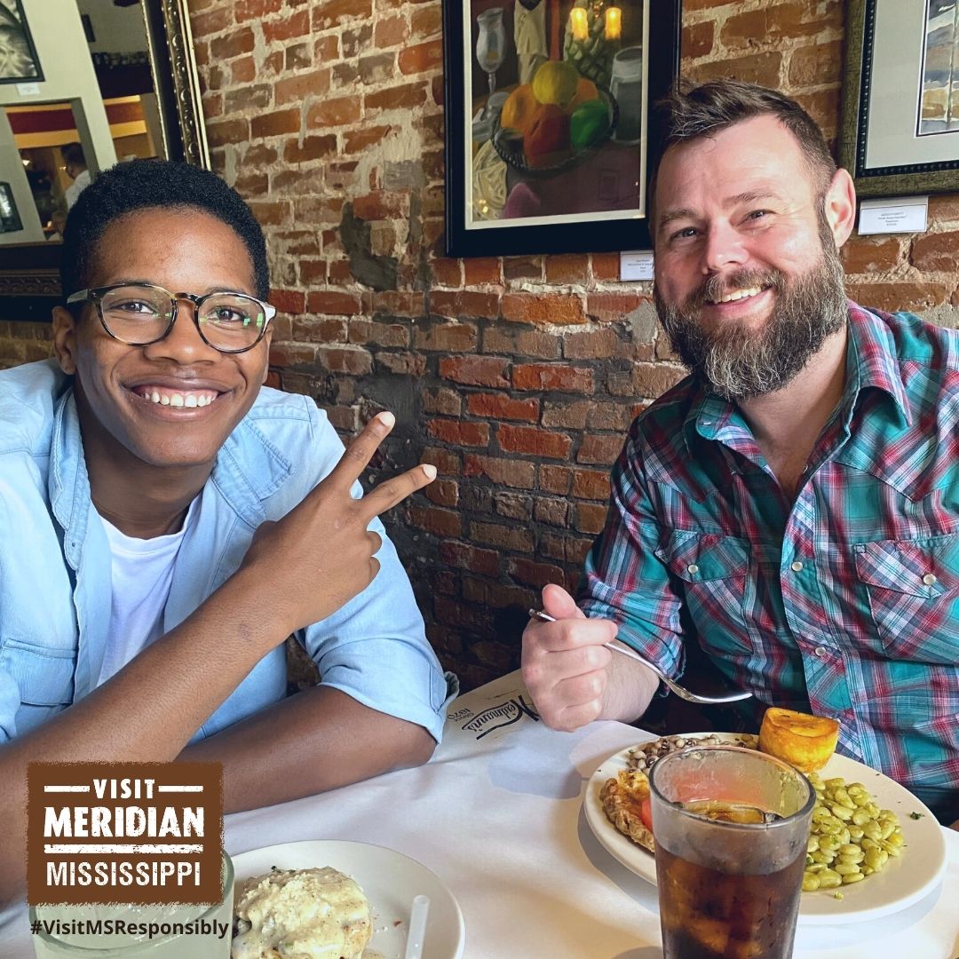 visitmeridian's tweet photo. @todd_tilghman treated @Thunder_artis enjoyed a meal at Mississippi’s oldest restaurant, @Weidmanns_1870, as part of their road trip challenge to #VisitMeridian. Thunderstorm Artis swears by the crab cakes while Todd Tilghman says the black bottom pie is worth every calorie. https://t.co/deHrD6Ew6d