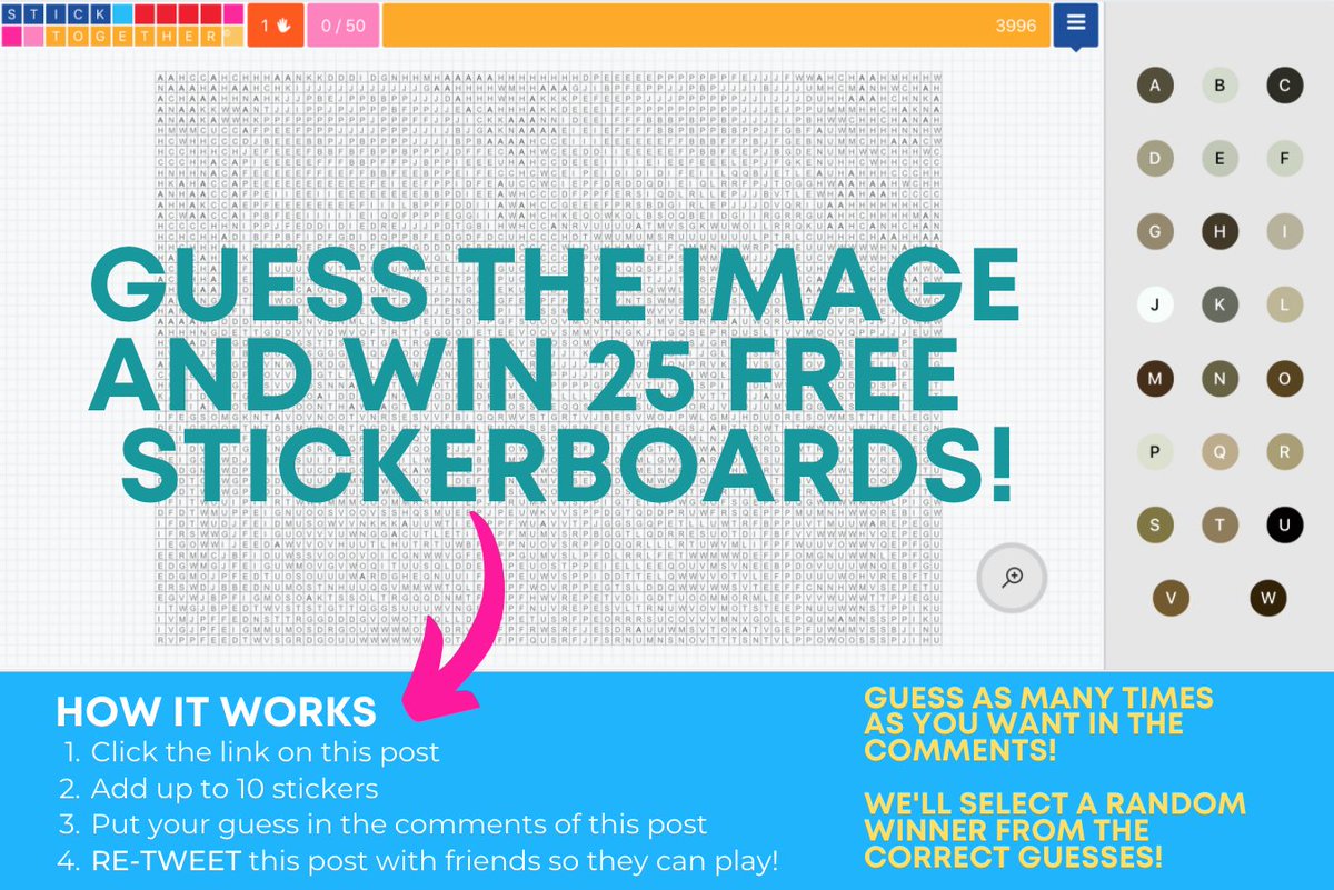 byStickTogether's tweet image. Let's play "Guess That Image"!
Our team has created a mystery image on our Virtual Stickerboard, now you guess.!
Check out the photo below for instructions on how to play and WIN 25 FREE Stickerboards!
#WeStickTogether 

🔗:
letstick.to/session/178912…