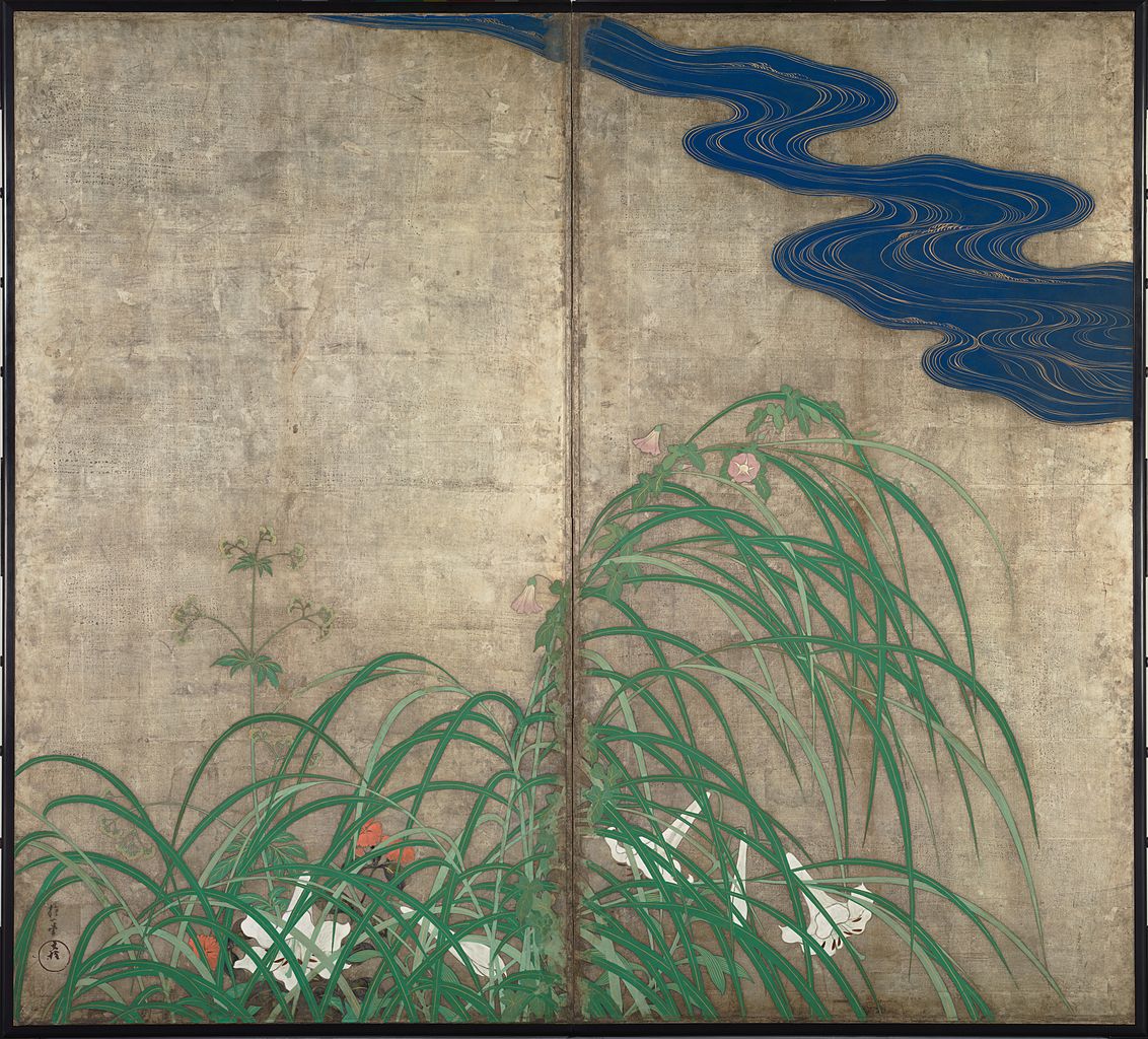 Sakai Hōitsu's Summer plants, part of a two-fold screen, Japan, 19th Century, color on silver undercoat181.8 cm (71.5 in) x 164.5 cm (64.7 in)