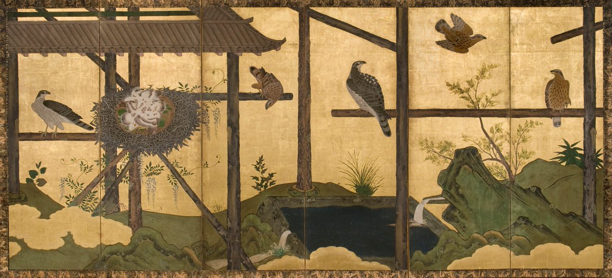 Kano School, Goshawk Mews, Edo period, c.1675, ink and color on paper; mounted as a six-fold screen.