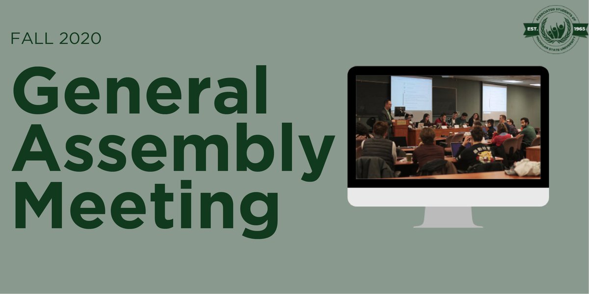 ASMSU's tweet image. General Assembly meeting TONIGHT at 7 p.m.
Zoom Link: msu.zoom.us/j/97285099153
Password: asmsu