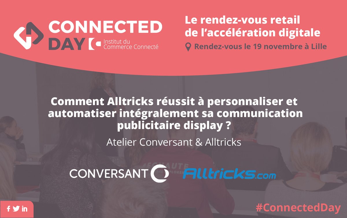 #ConnectedDay 
Découvrez le cas d'@Alltricks_com avec @ConversantFR le 19 novembre, autour de l'atelier « Comment Alltricks réussit à personnaliser et automatiser intégralement sa communication publicitaire display ? »
Réservez votre place : lnkd.in/diQaR46
 #retail