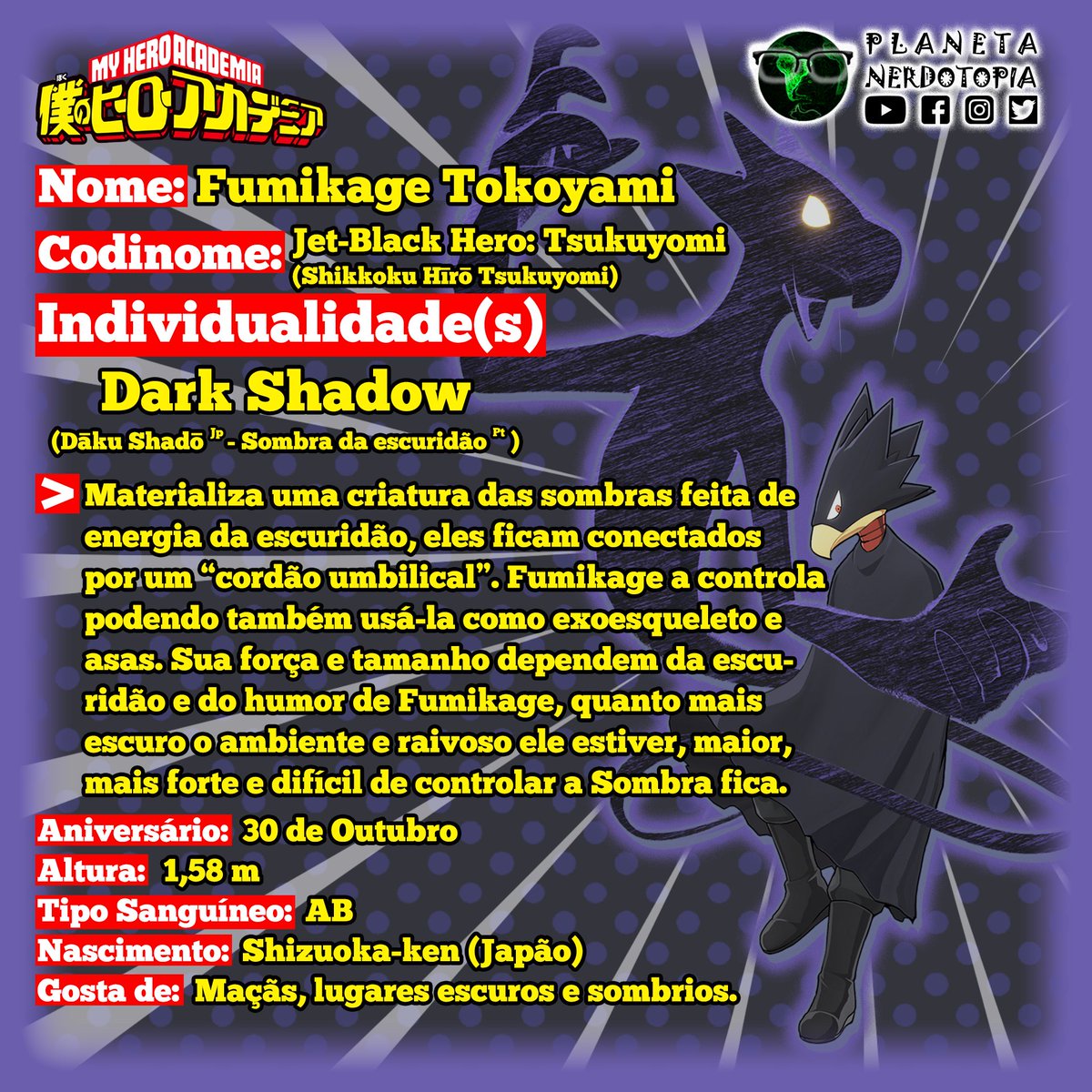 pnerdotopia's tweet image. Reservado, sério e focado, Tsukuyomi é um herói nobre e valente sempre se superando pra proteger a todos junto com Dark Shadow. Eu (Wilsin) gosto muito desse personagem, acho ele muito brabo!
#bokunoheroacademia #myheroacademia #fumikagetokoyami