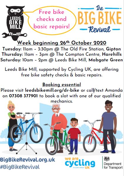 Leeds Bike Mill, supported by Cycling UK, are offering free bike safety checks & basic repairs this Half Term. Check the times and venues below. @asgharlab @Dragan1Denise @rongrahame @ComptonCentre @_YourCommunity @YouthServiceENE @LeedsBikeMill @BritishCycling @WeAreCyclingUK