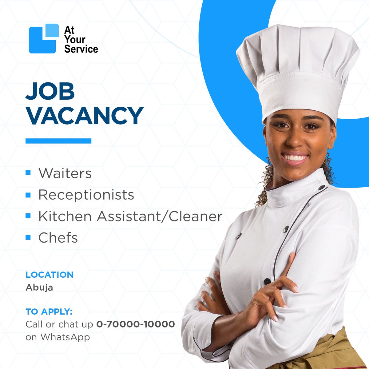 A new restaurant in #Abuja is urgently looking to fill these roles: 
- Chef
- Waiter
- Kitchen Assistant 
- Receptionist.

If you are qualified for any of these roles, please contact us on 0-70000-10000 or you can be a good friend and refer someone you know.

#CurrentlyHiring
