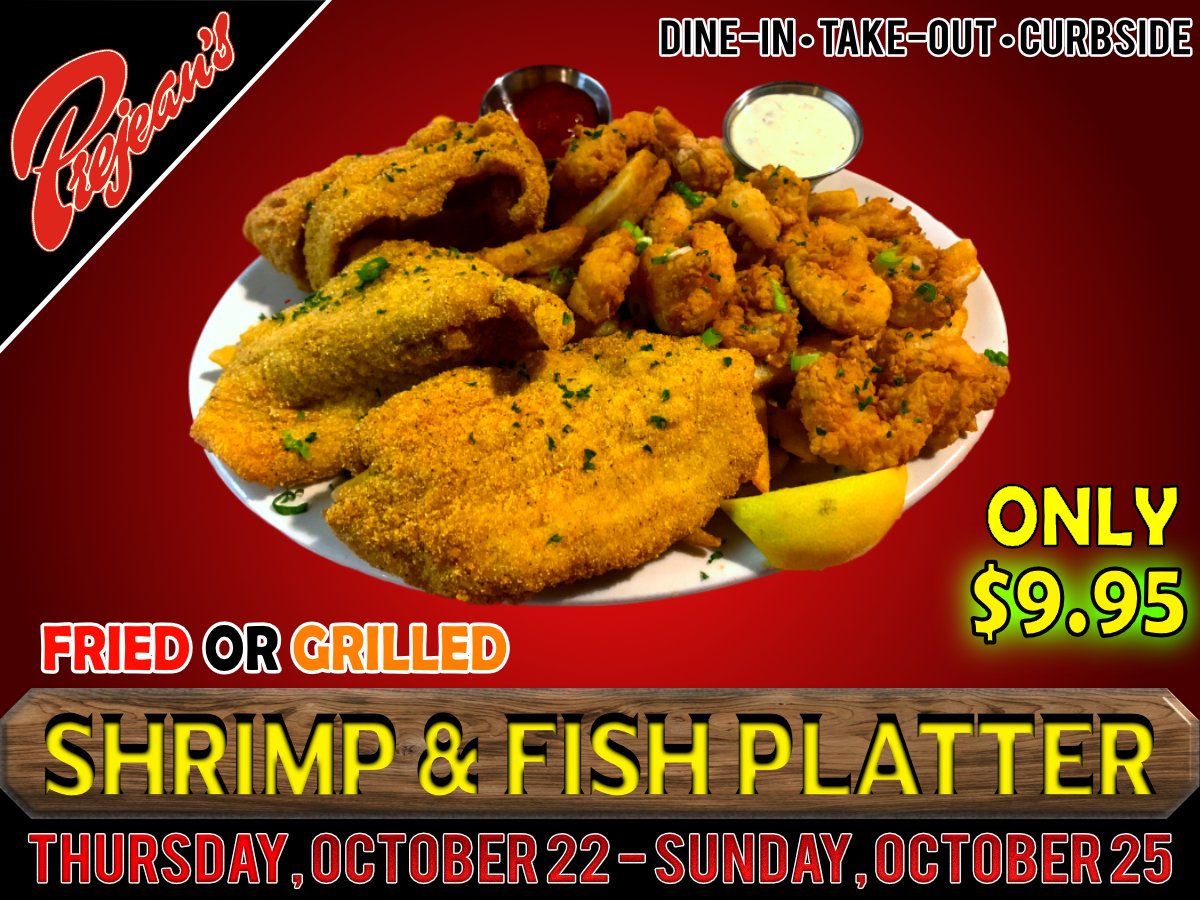 This week's special Shrimp and Fish Platter for Only $9.95 ALL WEEKEND at #Prejeans Restaurant! Add a cup of gumbo $3! 10/22 - 10/25 Lunch/Dinner Dine-in/Carry-out/Curbside #LouisianaSeafood #cajun #eatlafayette