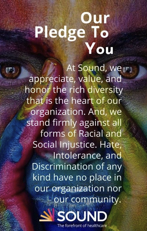 SoundMH's tweet photo. Sound wants everyone who comes to seek care or comes to be a part of our team to know that this is our pledge to them!
#racialtrauma #mentalhealth
#equityandinclusion #Unity #GoodAndExcitingThings
https://t.co/xD1Ki3qMmP https://t.co/uSu6NQQlnL