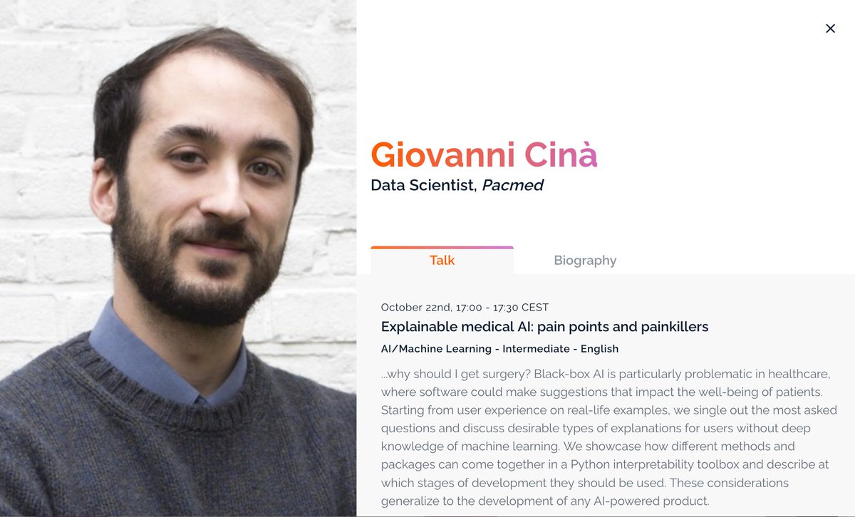 l_Kathleen_l's tweet photo. Such an interesting talk from Giovanni Cinà !
Love seeing tech being used for good <3
#CodemotionConf #PainPoint #Painkillers #ExplainableMedicalAI #AI #healthcare https://t.co/k6y74jW0fI