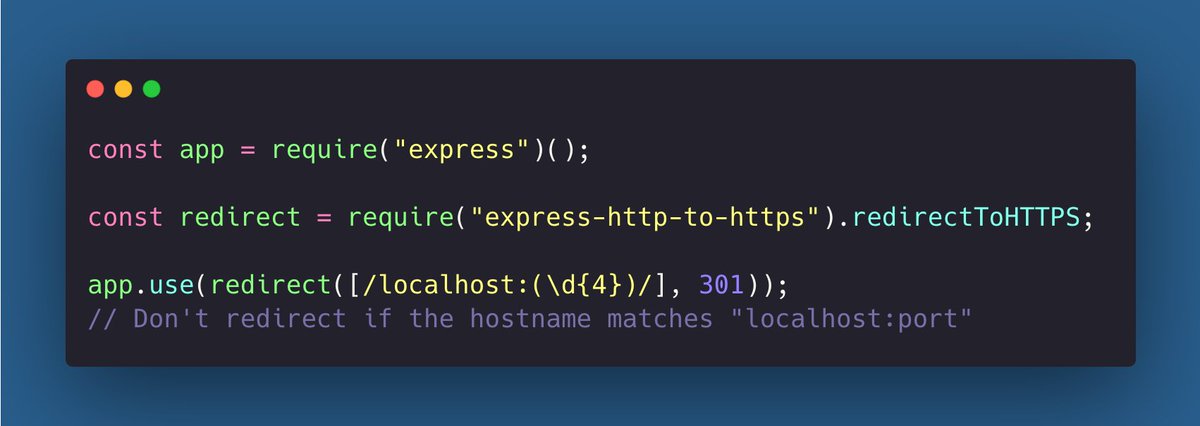 DevGuideDaily's tweet image. #NodeJS tip 👍 
Redirect 𝗵𝘁𝘁𝗽 to 𝗵𝘁𝘁𝗽𝘀 in 𝟯 𝗹𝗶𝗻𝗲𝘀 𝗼𝗳 𝗰𝗼𝗱𝗲 😊 
#100DaysOfCode #programming #CodeNewbies