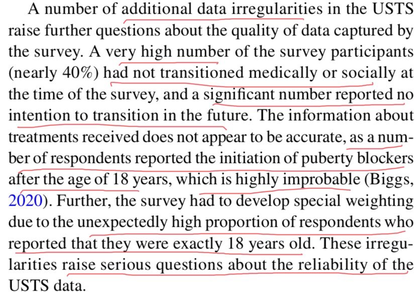 Some other flaws in the sample. 40% had taken NO steps to transition, socially or medically, others had no intention of doing so. Lots of 18yr olds. Some claiming to be out on puberty blockers at 18: this is deemed to be “unlikely”.