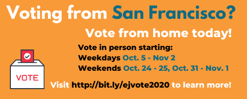 cejapower's tweet photo. Calling all San Francisco residents - in-person vote centers are OPEN! Find one today: https://t.co/03FTIEcLgc
Cast your #EJVote from home ✅at a drop-box ✅at an in-person voting center.
Read & share the #safevote guide in Spanish and English today ! https://t.co/8PnZS9Iy09 https://t.co/o6z8ggvRoE