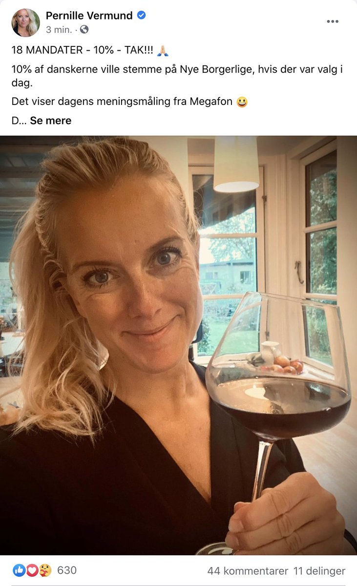 KristianMadsen's tweet image. På tre minutter har @PernilleVermund 630 likes på FB-opslaget, hvor hun glæder sig over målingen og lægger links til medlemsskab. Der er ingen over og ingen ved siden af Nye Borgerlige på SoMe i #poldk