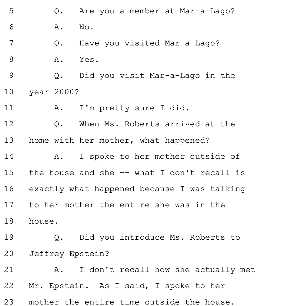 Virginia Giuffre has long said that she was working at Mar-a-Lago when she first met Ghislaine Maxwell.Her attorney asks Maxwell about that extensively, and the club's name appears 19 times in the document.