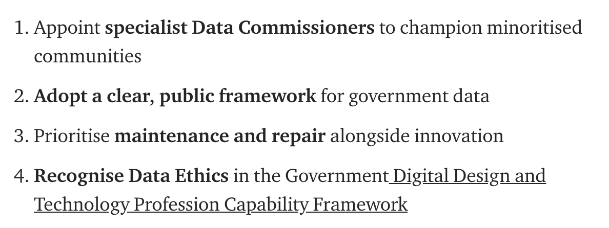 I have made 4 draft recommendations, including appointing specialist Data Commissioners with meaningful powers, to champion minoritised groups. If you would like to help improve these, or contribute to a co-ordinate response to the strategy, details are on the Medium post.