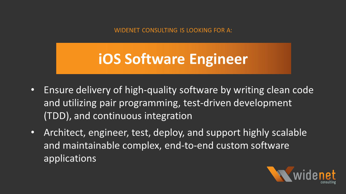 WideNetConsult's tweet photo. We encourage everyone to send in their resume, for there might be a different opportunity that is waiting for you! Check out our Careers page for more opportunities: https://t.co/43lAeAIrs7

#iOSDeveloper #SoftwareEngineering #SeattleIT #WideNetConsulting https://t.co/7ncyPKY0b2