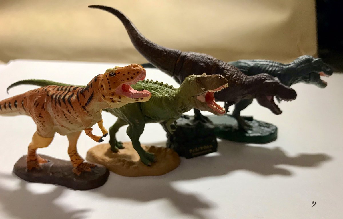 カプセルq太郎 海洋堂のティラノサウルス 松本しのぶ氏の造形のものを並べてみた 鱗で前傾姿勢 結局はこの復元が1番カッコ良いと思っちゃうな 写真はチョコラザウスル カプセルq恐竜発掘記8 恐竜博14 カプセルq発掘記9