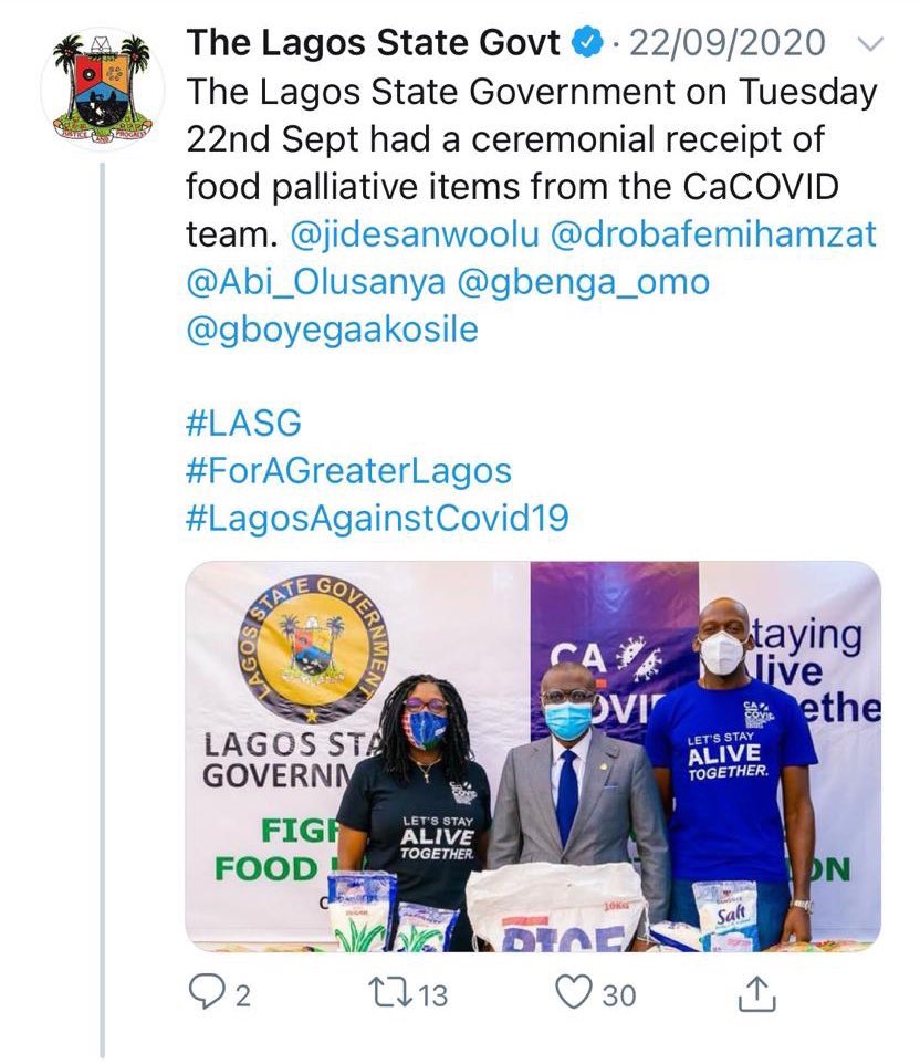 The State Governor, Mr. Babajide Sanwo-Olu had on September 22nd 2020 formally taken receipt of the food palliatives from the CACOVID team meant for distribution to the indigent.