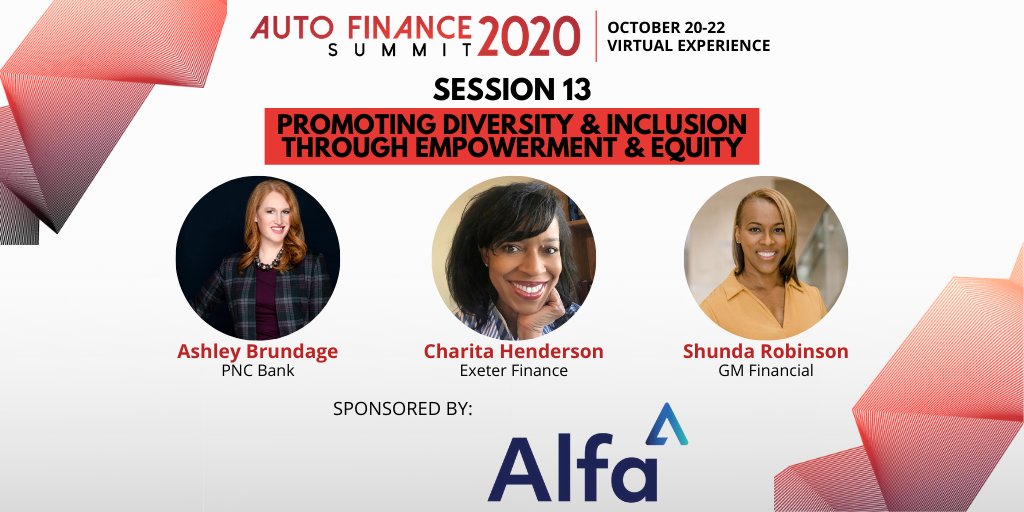 AutoFinanceNews's tweet photo. Head into the platform to join us in 15 minutes for Session 13: Promoting Diversity & Inclusion through Empowerment & Equity. This panel is sponsored by @AlfaSystems. #AFSummit20 https://t.co/C46tTxXJXC