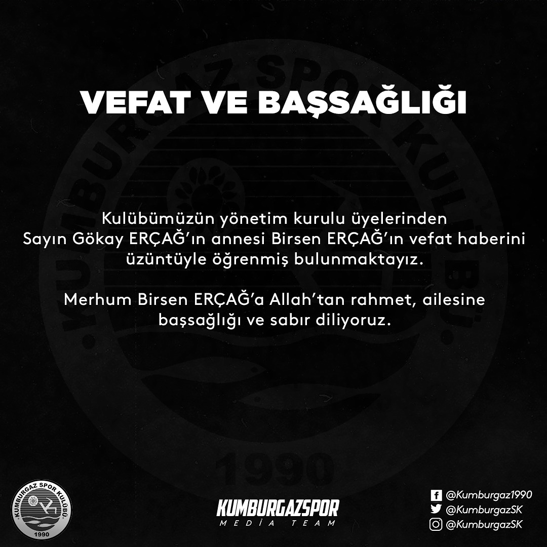 VEFAT VE BAŞSAĞLIĞI

Kulübümüzün yönetim kurulu üyelerinden Sayın Gökay ERÇAĞ'ın annesi Birsen ERÇAĞ ın vefat haberini üzüntüyle öğrenmiş bulunmaktayız.

Merhum Birsen ERÇAĞ'a Allah'tan rahmet, ailesine başsağlığı ve sabır diliyoruz.
