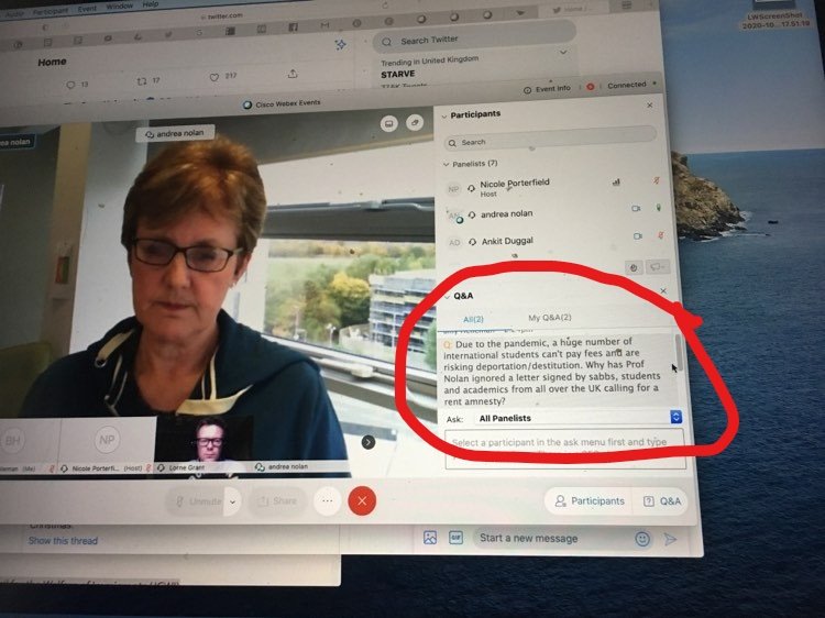 Shame on <a href="/napierstudents/">ENSA</a>! 

<a href="/UnisNotBorders/">UnisResistBorders #WearAMask #BordersKillKnowledge</a> &amp; <a href="/peopleandplanet/">People & Planet</a> attended the Q&amp;A with <a href="/EdinburghNapier/">Edinburgh Napier University</a> Vice Chancellor, Andrea Nolan &amp; our repeated questions were left UNSWERED. 

International students are being left destitute &amp; facing deportation while Nolan markets the uni!