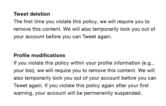 Twitter very clearly outlines what happens to accounts caught breaking this rule.As you can see, Trump wasn't held to the same standards as the rest of us. Twitter didn't force him to delete the tweet. His tweet is still up.More on that in a bit.