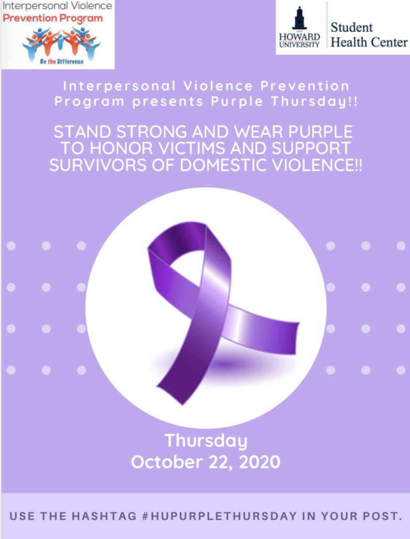 ivpphu's tweet photo. Today is PURPLE THURSDAY!! Stand strong and wear purple to honor victims and support survivors of domestic violence. Use hashtag #HUPurpleThursday in your post! https://t.co/1Nm3Cb038T