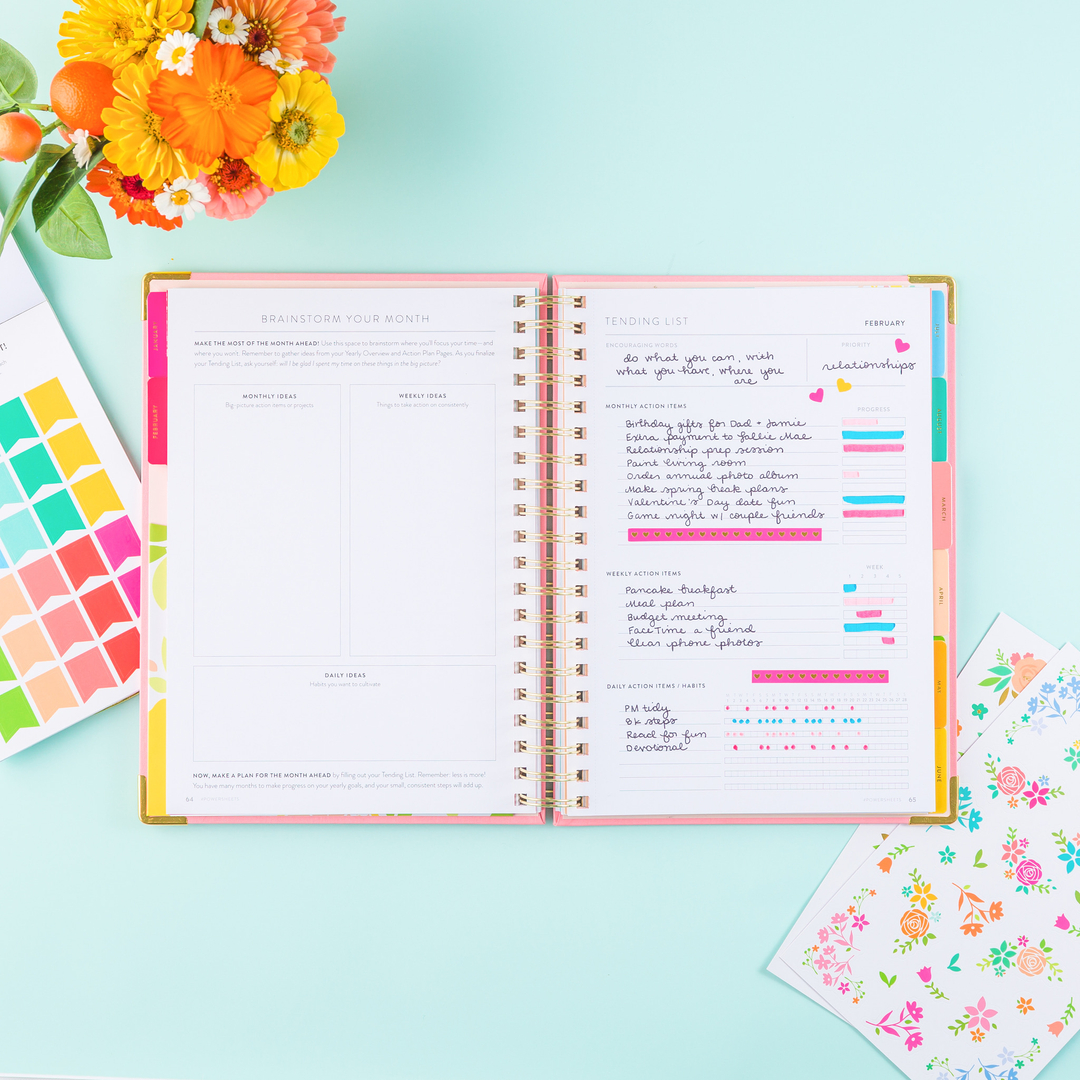 3 Tending Lits Tips to help you make progress on what matters each month:

👀 Review your Prep Work/Goal Action pages at the beginning of each month to stay clear on what matters most.
✍🏽 Write all of your ideas down for how to make progress on your goals. (In the 2021 Pow