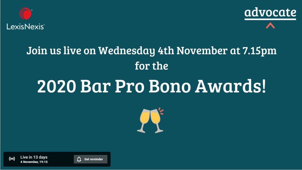 ProBonoWeekUK's tweet photo. 7.15 - 8pm, Weds 4 Nov: @WeAreAdvocate #BarProBonoAwards

Bigger, better and more virtual than ever, join the awards to celebrate the incredible pro bono work of the Bar 🎉

Joining details here: https://t.co/GIhULooZKZ

#WeDoProBono #ProBonoWeek @LexisNexisUK @thebarcouncil https://t.co/ooEBp0sKuV