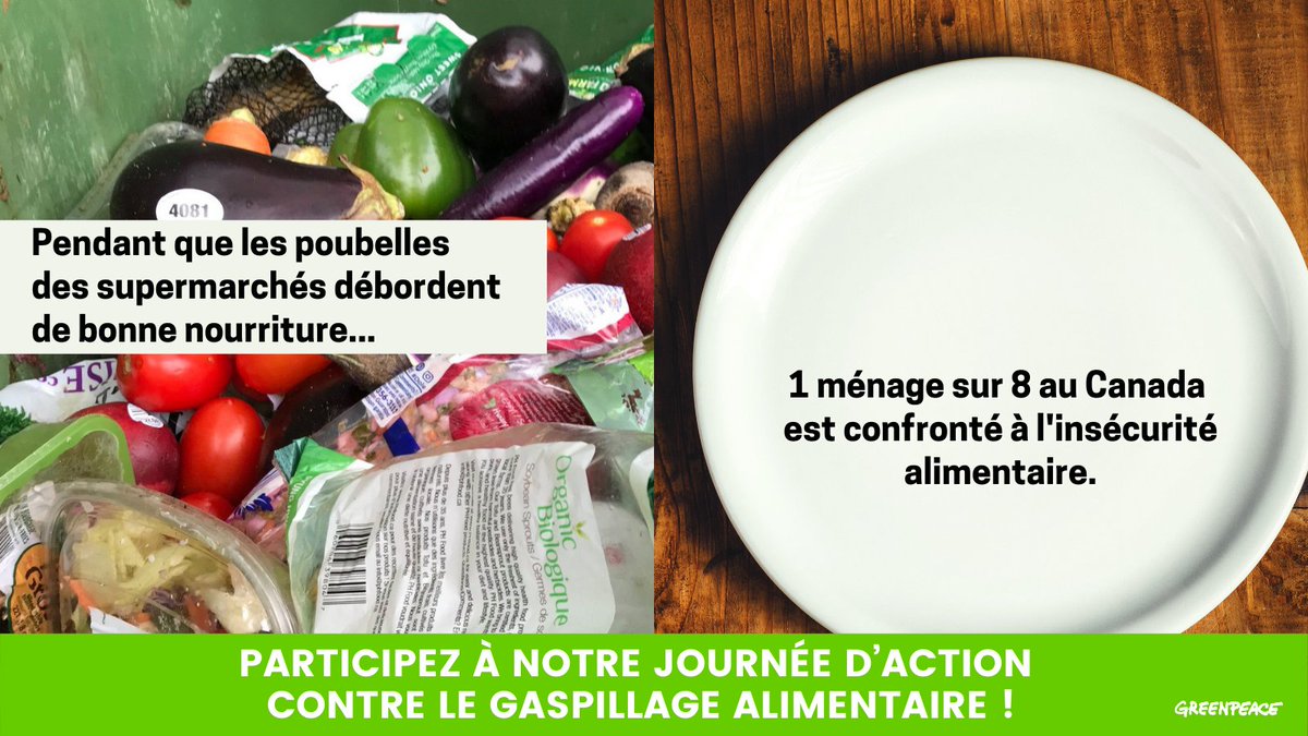 Au Canada, 1 ménage sur 8 est confronté à l’#InsécuritéAlimentaire pendant que les supermarchés jettent 1.31M de tonnes de nourriture chaque année.

💥Participez à notre journée d'action. Dites à <a href="/LoblawsON/">Loblaws</a> <a href="/sobeys/">Sobeys</a> <a href="/MetrocanadaSCS/">Metrosupermarket</a> de viser #ZéroGaspillage act.gp/31q2UET