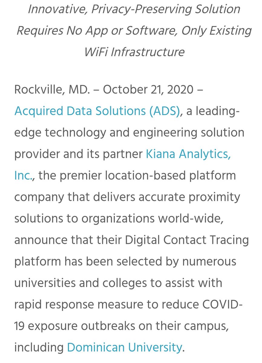  $VISM Acquired Data Solutions had another big breakthrough recently !!Acquired Data Solutions’ Partner Kiana Analytics’ Digital Contact Tracing Platform Selected by Universities and Colleges to Achieve a Safe Return to Campus !!