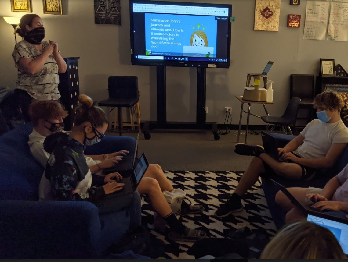 Mrs.Huffman's class used a <a href="/PearDeck/">Pear Deck Learning</a>  presentation to review and wrap up the novel Brave New World. The questions were to gauge the students' perception and overall understanding of the novel.