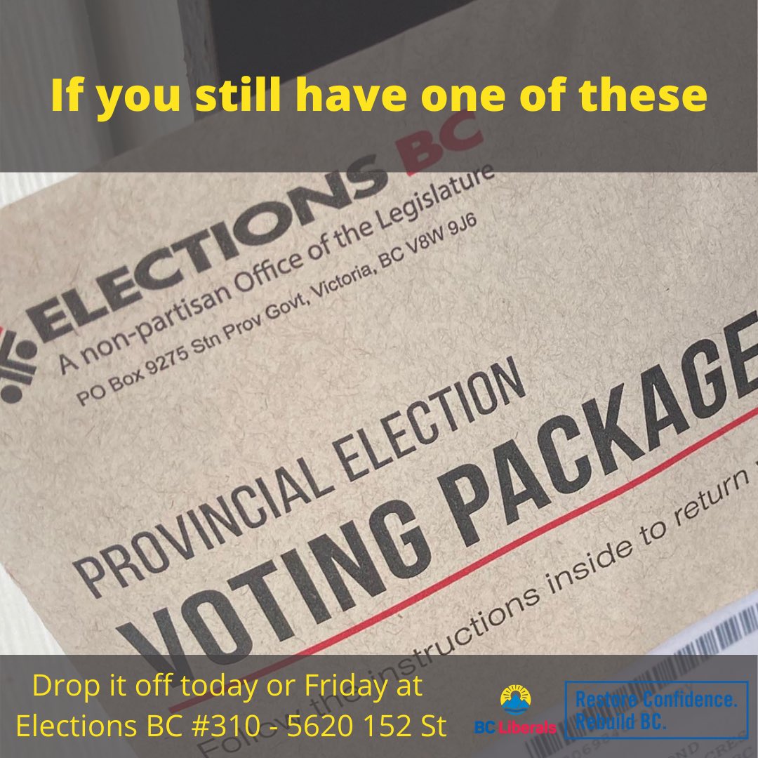 Stephanie4BC's tweet photo. If you still have your mail in vote package - drop it off at the district electoral office now or at a polling station on Saturday.  #surreysouth #surreybc https://t.co/oiK7c6RF1j