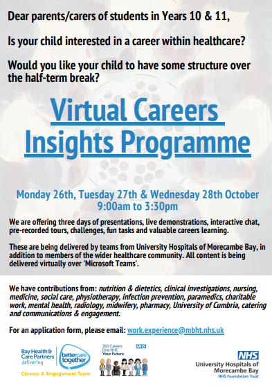 JobsUHMBT's tweet photo. Do you know any Year 10 0r 11 Students????
University Hospitals of Morecambe Bay are holding a host of virtual careers events next week for Year 10 &amp;11 local students. See this website for more information and to register- https://t.co/qdc9bVSRvo
#TeamUHMBT #GreatPlaceToWork https://t.co/Q9D1hEjR1z