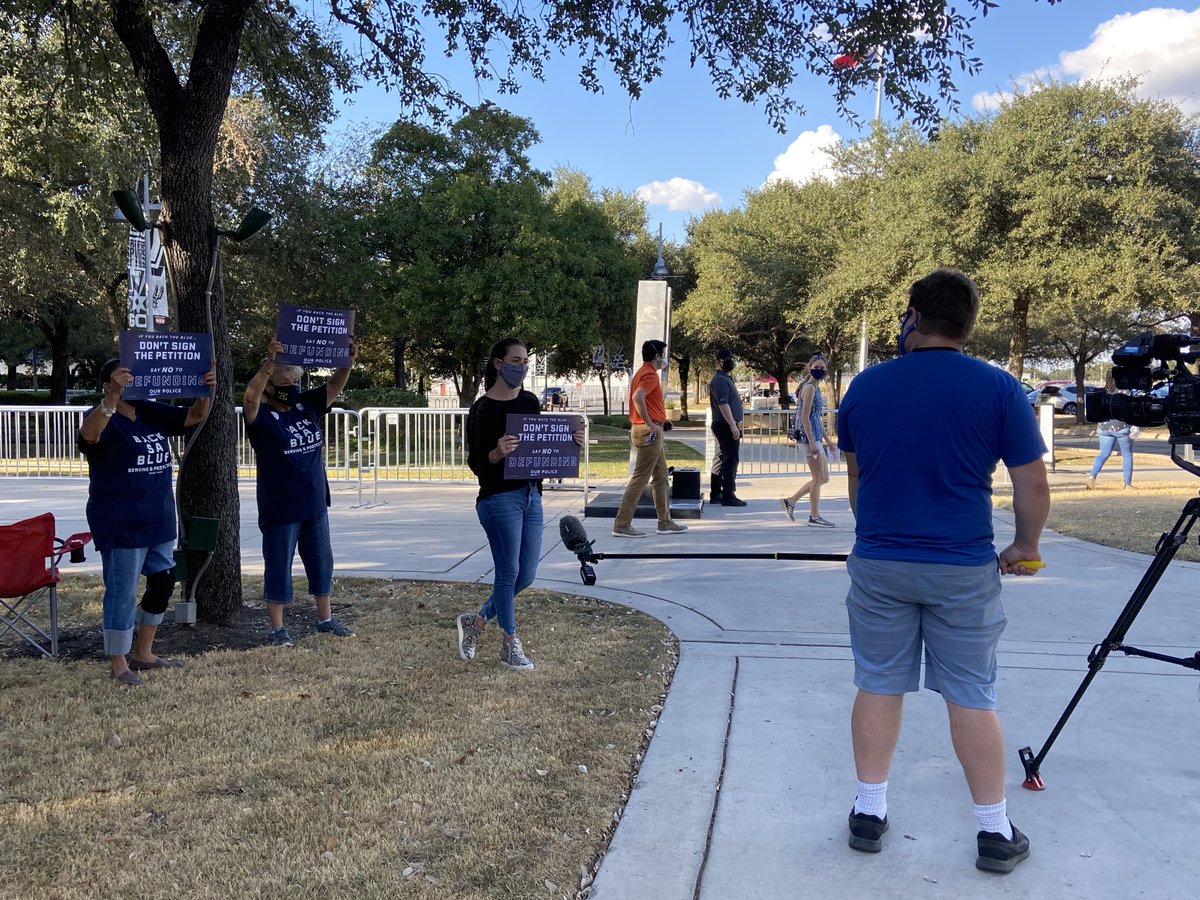 BackSABlue Supporters at the AT&amp;T Center getting interviewed by local media about the importance of not signing the Anti-Police Petition that will weaken and defund our police. To find out more and how you can help, visit backsablue.com. #BackSABlue #NoDefundPolice